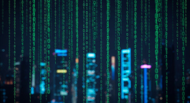 Digital binary code falling in front of a blurred cityscape at night with digital rain, abstract