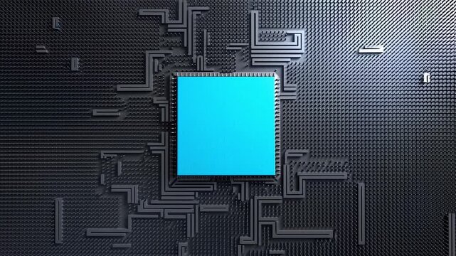 量子プロセッサの基板の中央でシアンのチップが嵌合し起動する精密回路背景