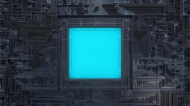 量子プロセッサの基板の中央でシアンのチップが嵌合し起動する精密回路背景