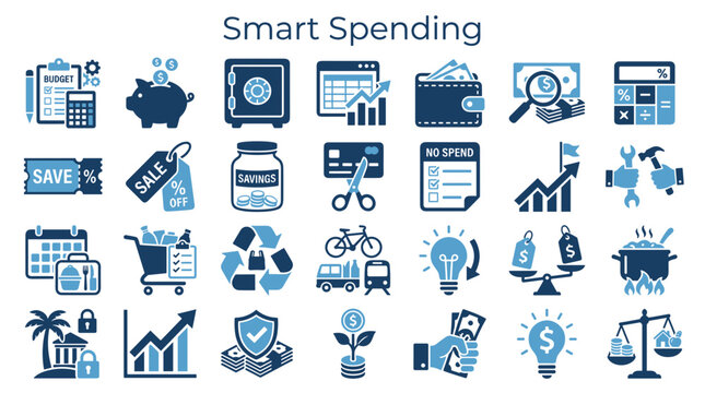 Smart spending concepts with icons for saving money, budgeting, finance, and investment growth for financial planning and economic strategy