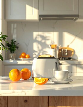 A cozy kitchen scene with a toaster, toast, fresh oranges, and a cup of coffee bathed in warm sunlight on a bright marble countertop.