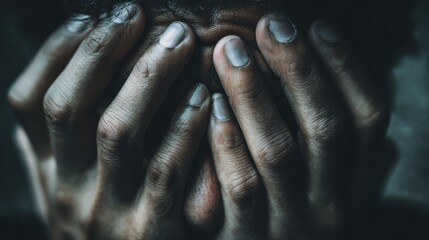 Obraz premium Stress, anxiety and hands of nervous person with worry, fear or abuse in closeup, home or danger. Depression, lonely and scared victim with phobia, mistake or emotional crisis with gesture or trauma