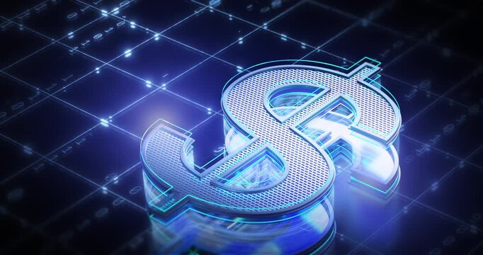 Futuristic 3D animation of a glowing blue US Dollar currency symbol with a metallic mesh surface, rising from a digital grid surrounded by streaming numbers and light particles.