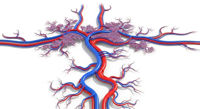 Abstract Representation of Human Circulatory System with Branching Arteries and Veins.