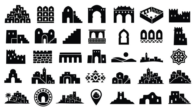 30 Ksar Ouled Soltane Tunisia Solid Black Silhouette Desert Architecture, Berber Heritage, and Cultural Icons Set on White Background