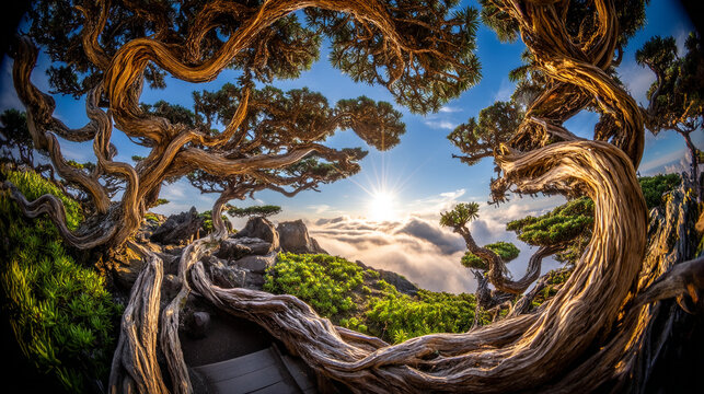 Dramatic twisted tree roots and branches framing a golden sunset over clouds in a unique landscape