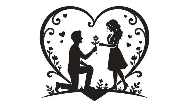 Silhouette of a successful professional man proposing to a female manager inside a decorative heart frame, perfect for Valentine card design, wedding invitation and romantic post