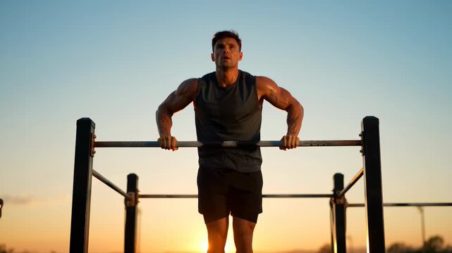 Athletic Man Doing Muscle-Ups on Pull-Up Bar Outdoors at Sunset