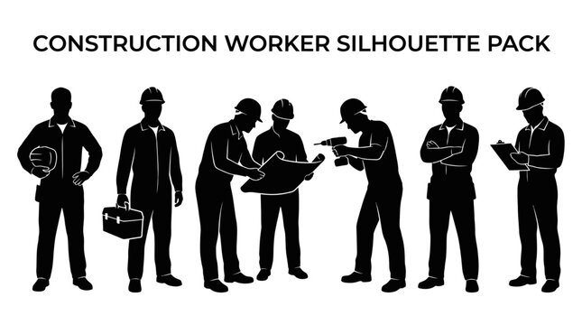 Professional construction worker silhouettes including site foremen and civil engineers with tools, perfect for industrial branding, building project presentation and construction marketing
