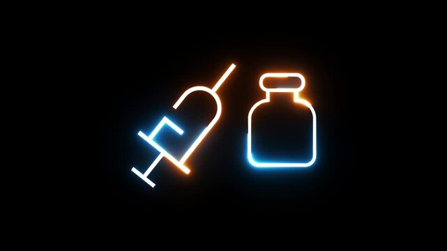 Neon glowing vaccination icon animation. Medical healthcare injection and pills symbol.