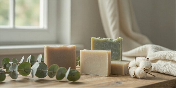 Handmade soap bars arranged casually on a wooden surface in a sunlit room with eucalyptus and cotton accents.