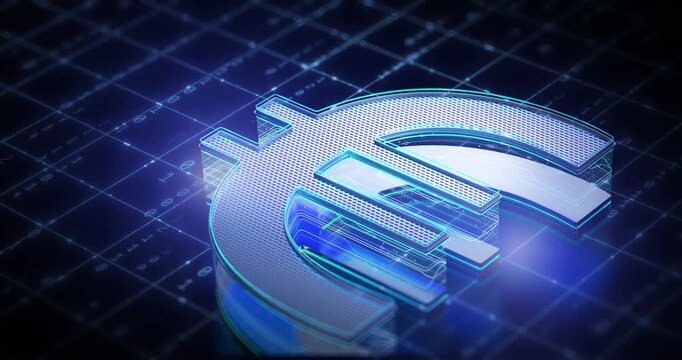 Futuristic 3D animation of a glowing blue Euro currency symbol rendered with a metallic mesh texture, floating above a digital grid with streaming data and binary code.