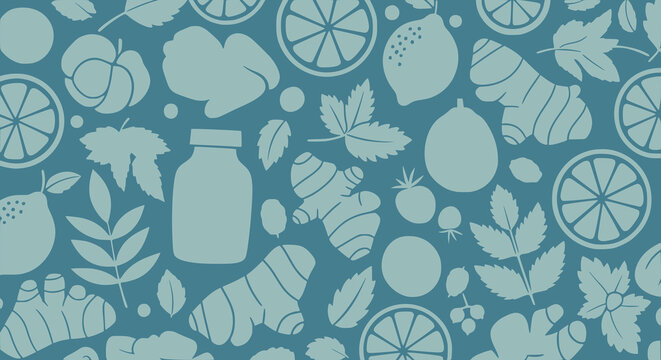kombucha fermentation botanical ingredients background pattern vector, brewing jar, ginger citrus and tea leaves illustration, hand drawn doodle style for packaging and label design
