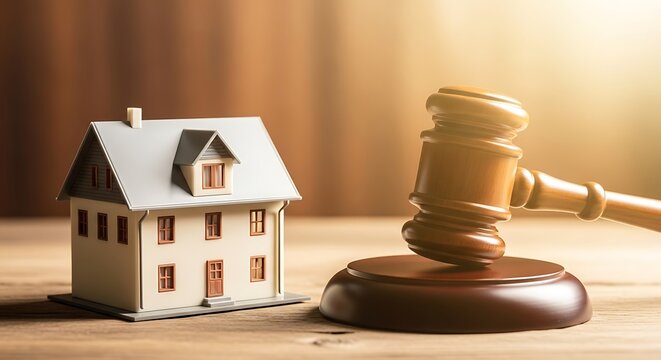 Symbolic representation of real estate auction with a gavel and house model.
