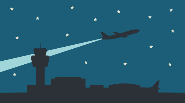 Minimalist illustration of an airplane taking off from an airport at night