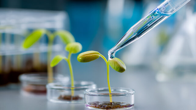 Scientist dripping blue liquid on green plant seedling