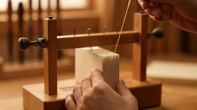 Traditional Bookbinding Process with Sewing Frame and Needle