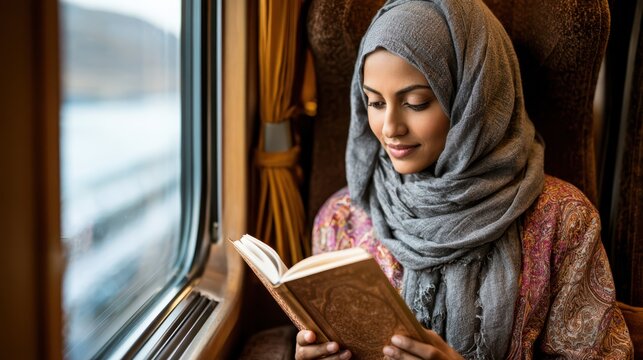 Muslim woman reading a self-development book on a train, focused on personal growth during travel.