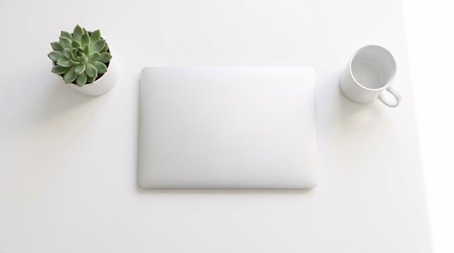 A minimalist top-down flatlay of a closed laptop, a white mug, and a succulent plant on a clean white desk workspace with ample copy space