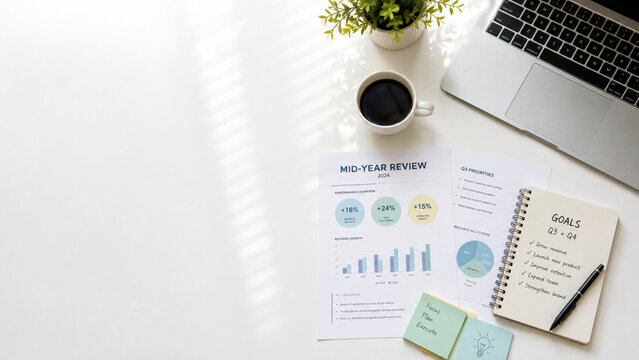Business planning workspace with mid year review documents and colorful graphs on white desk