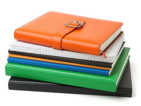 A colorful stack of notebooks and planners on a white background