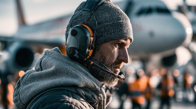 Ramp agent communicating via headset while marshaling an aircraft on the tarmac at an airport terminal.