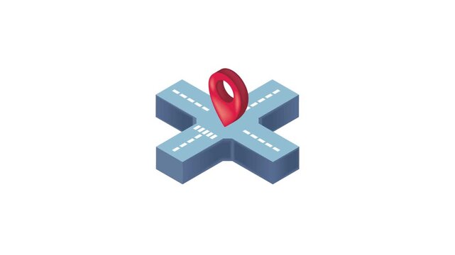 Isometric road intersection animation with floating red map pin marker on white background representing destination navigation.