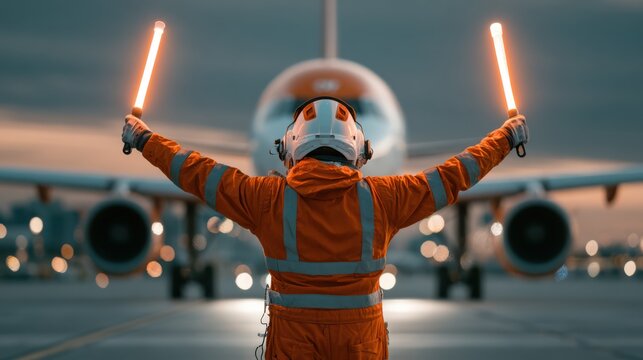 Ramp agent guiding a passenger aircraft to its parking position on the airport tarmac during ground operations.