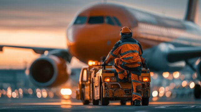 Ramp agent operating pushback tractor connected to an aircraft preparing for departure on the airport tarmac.