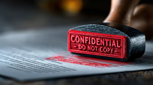 A red "CONFIDENTIAL - DO NOT COPY" stamp being pressed onto official documents, symbolizing security and privacy.