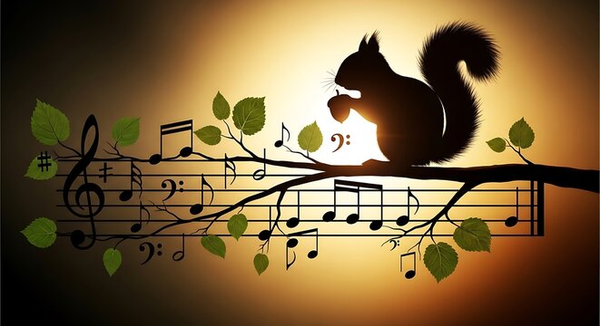Squirrel silhouette on tree branch with musical notes