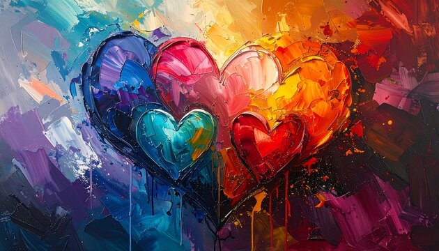 A vibrant abstract painting showcases two interlocking hearts, each split into colors like a palette, merging to reveal smaller hearts