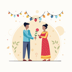 Fototapeta premium Couple Exchanging a Rose Under Festive Lights
