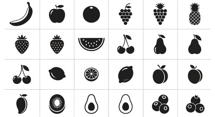 Collection of various fruit icons in black and white including apples bananas and berries arranged in a grid pattern on a clean background © Kamola