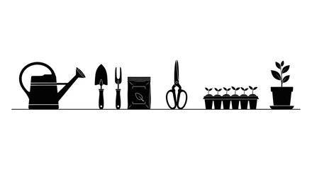 Obraz premium Gardening tools and supplies on a shelf including watering can trowel pruners and potted plant for planting and nurturing