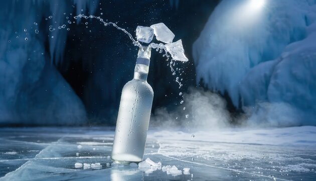 Frosted glass vodka bottle on frozen ice surface with water splash and flying ice cubes in a blue arctic ice cave background with condensation and mist or fog.
