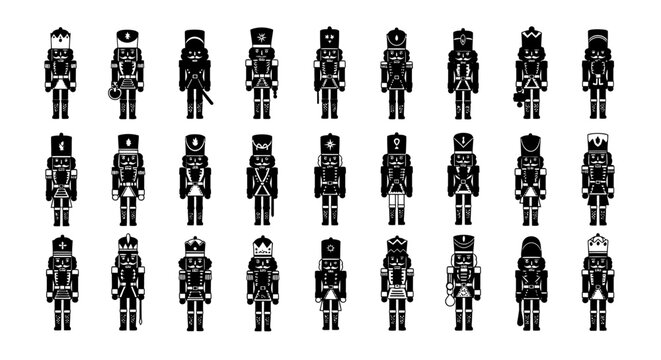 Collection of 25 unique black and white pixel art nutcrackers in various costumes and poses on plain white background