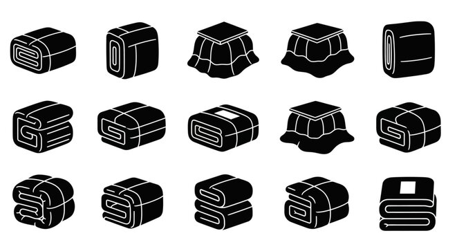 Collection of various black and white rolled up documents and papers with white outlines on plain background