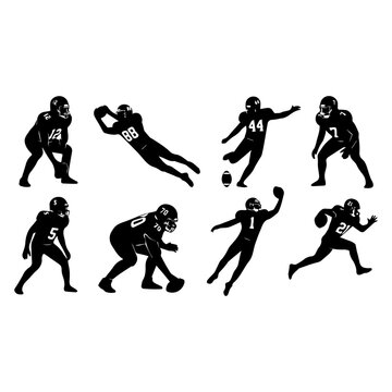 American Football Player Silhouettes Set with Different Action Poses Vector Illustration