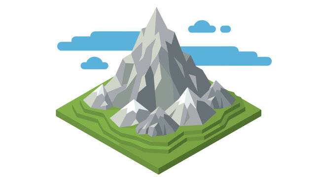 Isometric mountain landscape with green terraced fields and clouds in a flat design style