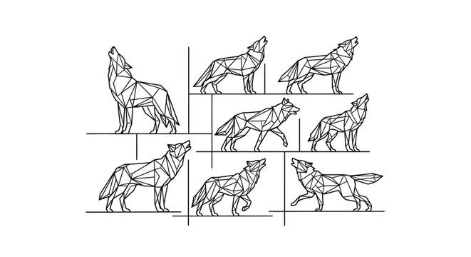 Geometric wolf illustrations in various poses howling and walking in black lines on white background