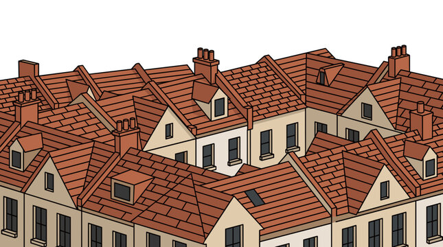 Charming European Townhouses with Red Tile Roofs and Dormer Windows in an Isometric View