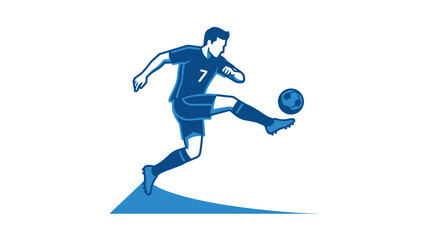 Fototapeta premium Dynamic illustration of a soccer player in action dribbling the ball with his foot, wearing a blue uniform with number 7