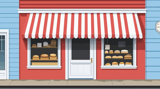 Illustrated bakery storefront with display of baked goods under striped awning
