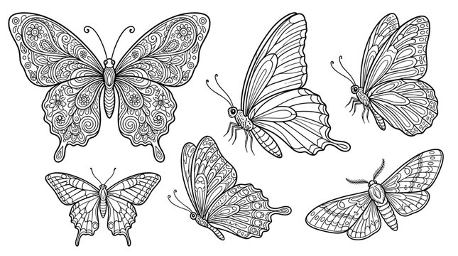 Collection of intricately detailed black and white butterfly and moth illustrations with ornamental patterns and delicate wings