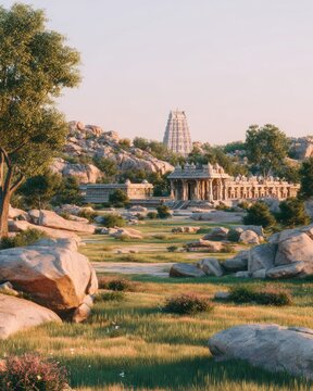 Ancient Indian Temple Complex Amidst Rocky Landscape