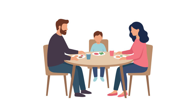 Family of three enjoying a meal together at a round dining table with plates and drinks, illustration