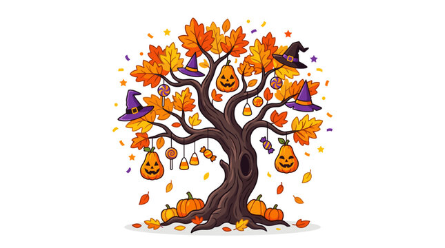 Whimsical Halloween Tree Decorated with Jack O Lanterns Witch Hats Candy and Autumn Leaves