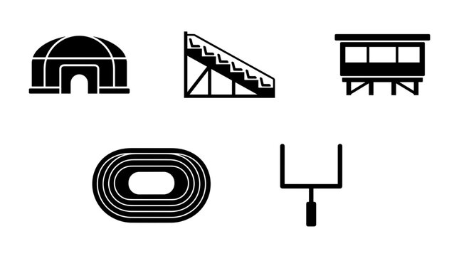 Collection of sports venue icons including a stadium tent bleachers a press box a running track and a goal post