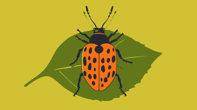 Illustration of a ladybug with a black head and orange wings on a green leaf